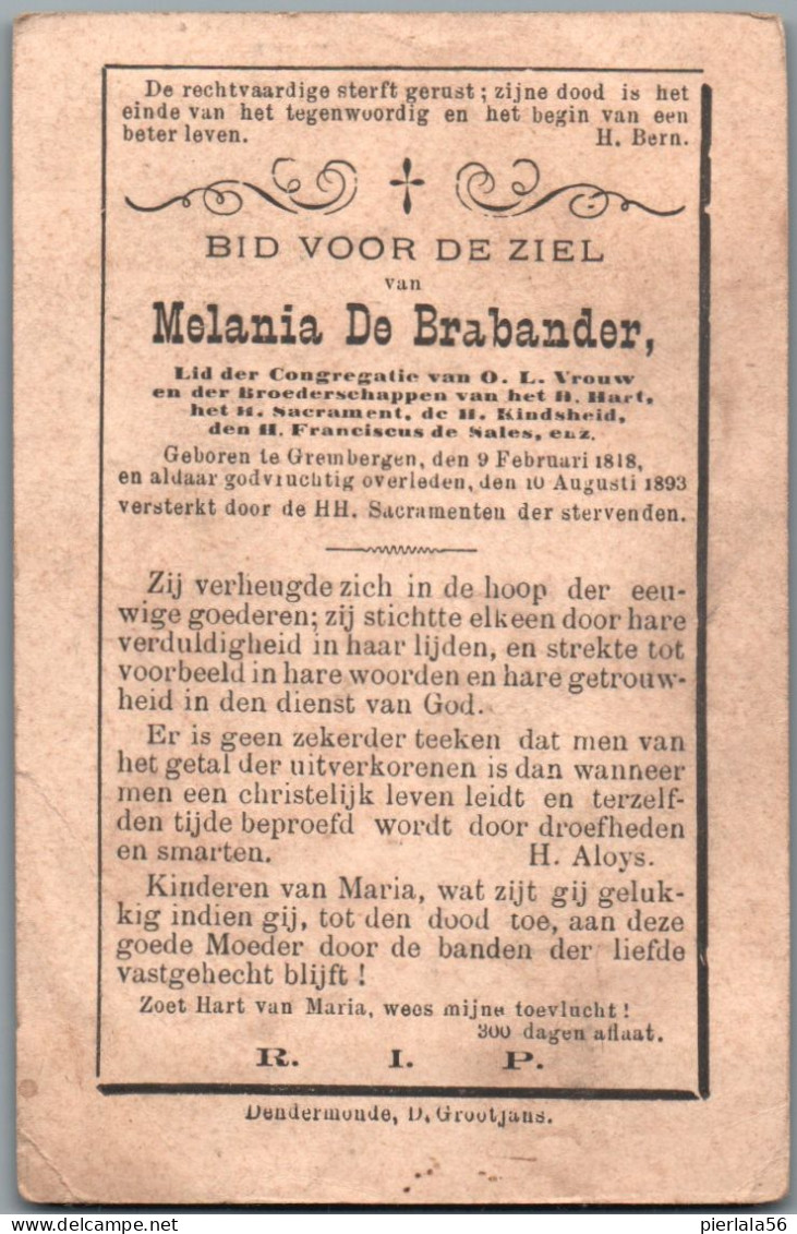 Bidprentje Grembergen - De Brabander Melania (1818-1893) - Imágenes Religiosas