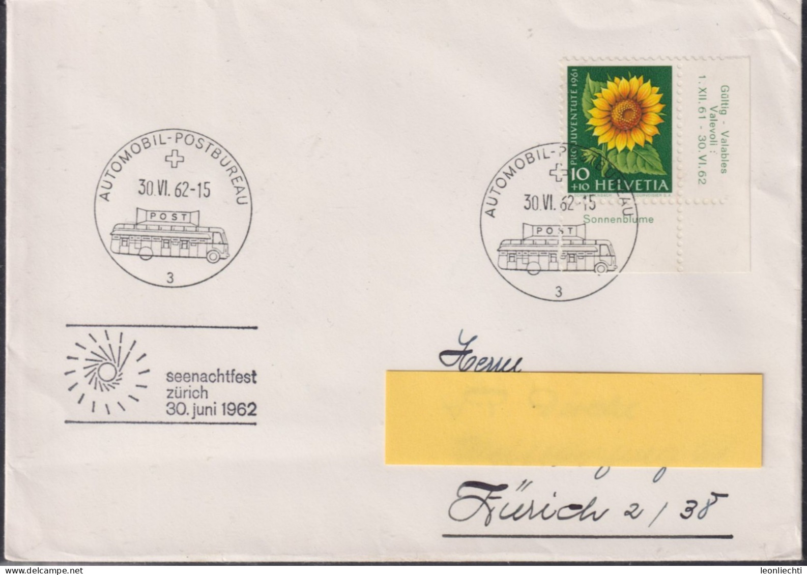 1961 Schweiz Brief Mi:CH 743, Zum:CH J189, Tabs: Sonnenblume, Letzter Gültigkeitstag Stempel, Seenachtfest Zürich - Storia Postale
