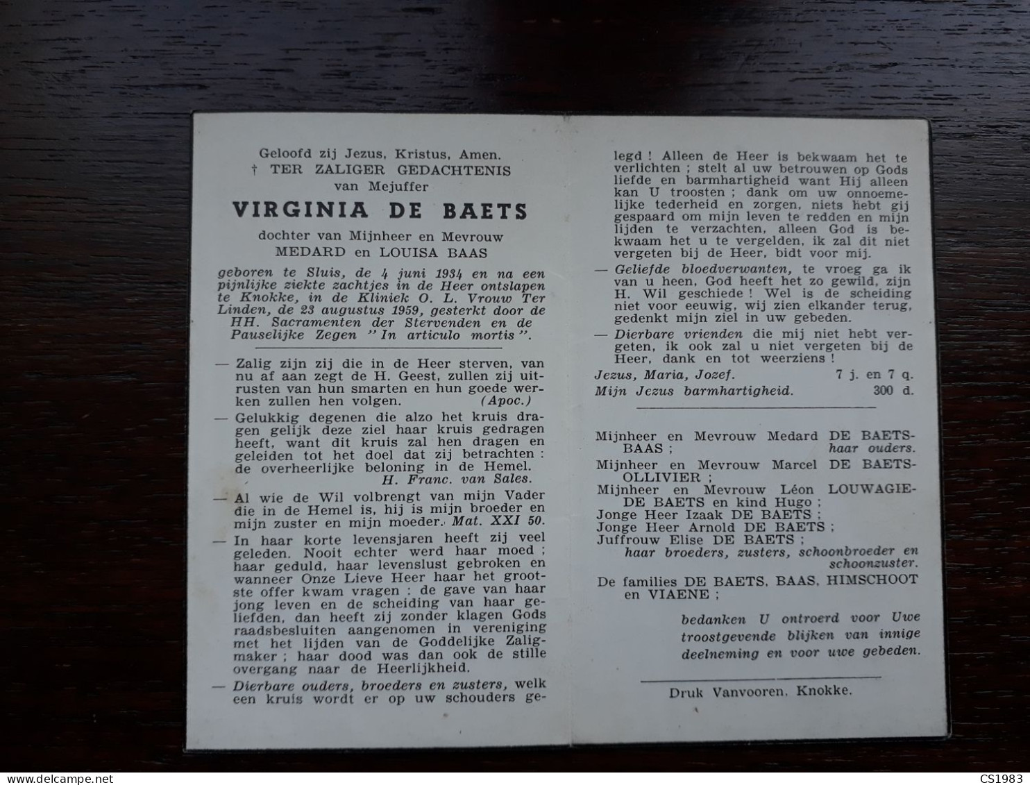 Virginia De Baets ° Sluis 1934 + Knokke 1959 (Fam: Baas - Himschoot - Viaene - Ollivier - Louwagie) - Todesanzeige