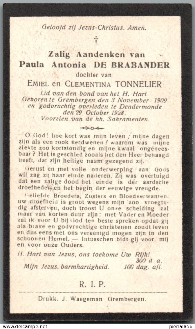 Bidprentje Grembergen - De Brabander Paula Antonia (1909-1928) - Devotieprenten