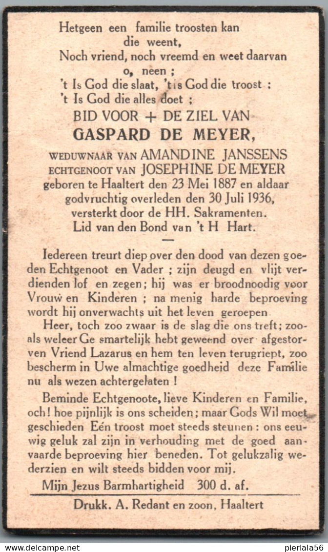 Bidprentje Haaltert - De Meyer Gaspard (1887-1936) - Images Religieuses