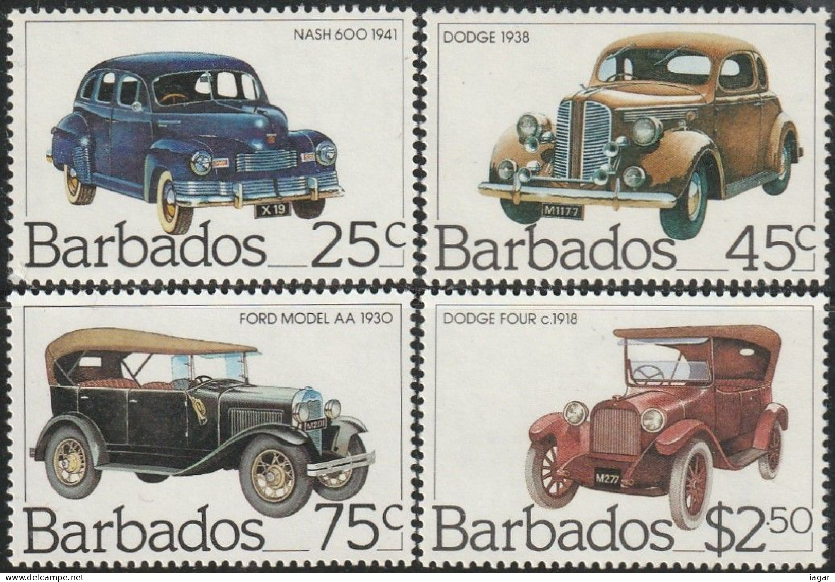 THEMATIC  TRANSPORT:  CLASSIC CARS. NASH 600, DODGE D-8 COUPE 1938, FORD A TOURER, DODGE FOUR TOURER 1918  -   BARBADOS - Voitures