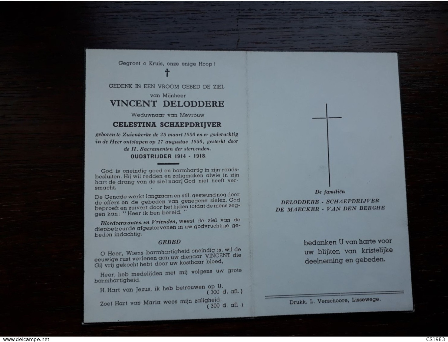 Vincent Deloddere ° Zuienkerke 1886 + Zuienkerke 1956 X Celestina Schaepdrijver (Fam: De Maecker - Van Den Berghe) - Obituary Notices