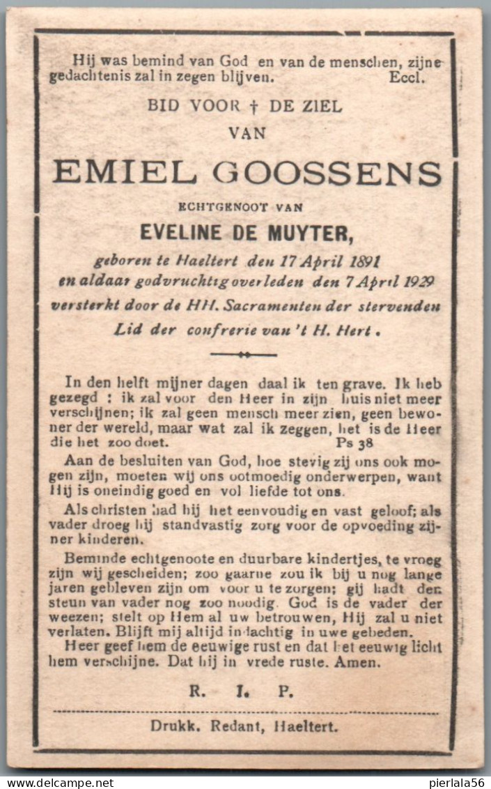 Bidprentje Haaltert - Goossens Emiel (1891-1929) - Imágenes Religiosas