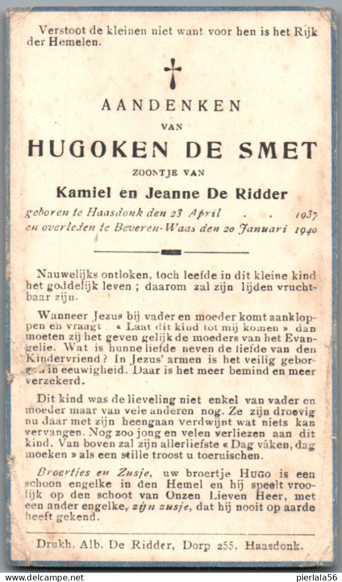 Bidprentje Haasdonk - De Smet Hugoken (1937-1940) - Imágenes Religiosas