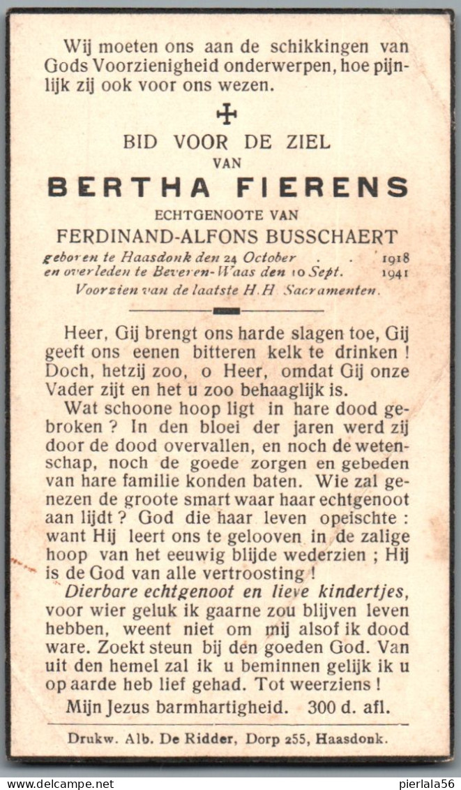 Bidprentje Haasdonk - Fierens Bertha (1918-1941) Hoekplooi - Images Religieuses