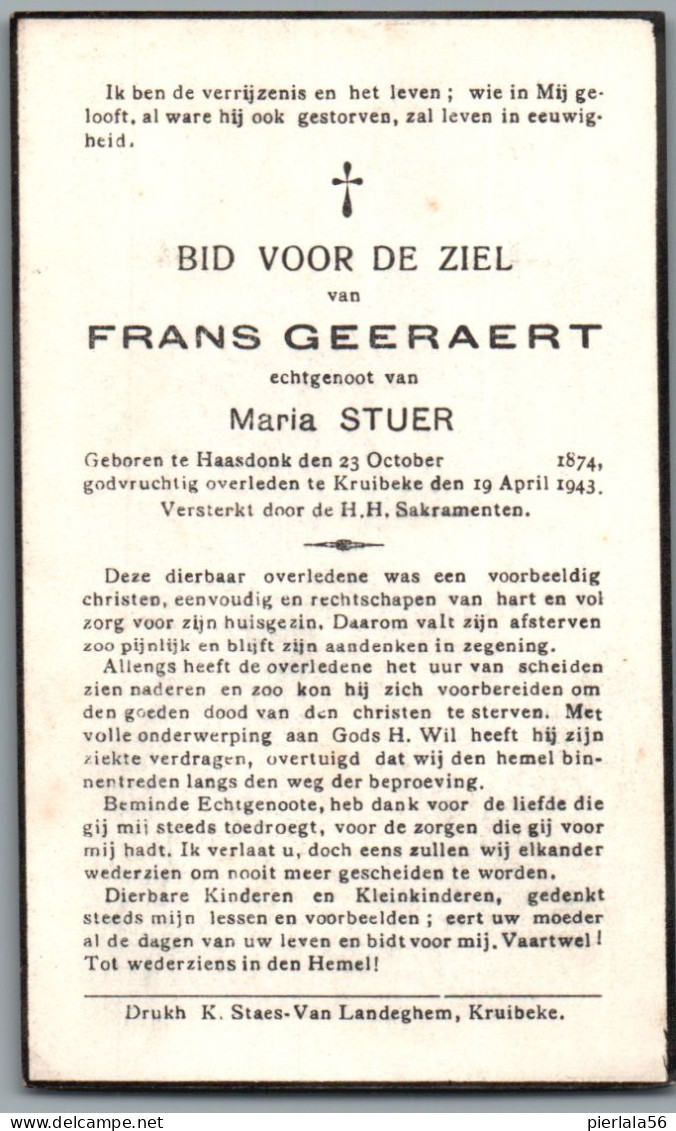 Bidprentje Haasdonk - Geeraert Frans (1874-1943) - Images Religieuses