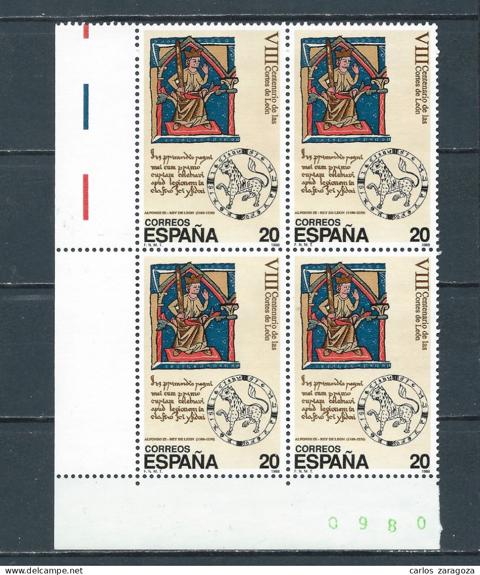 ESPAÑA 1988—CORTES DE LEÓN ** EDI 2961, YT 2577, Mi 2842, Sg #2975 En Bloque - Neufs