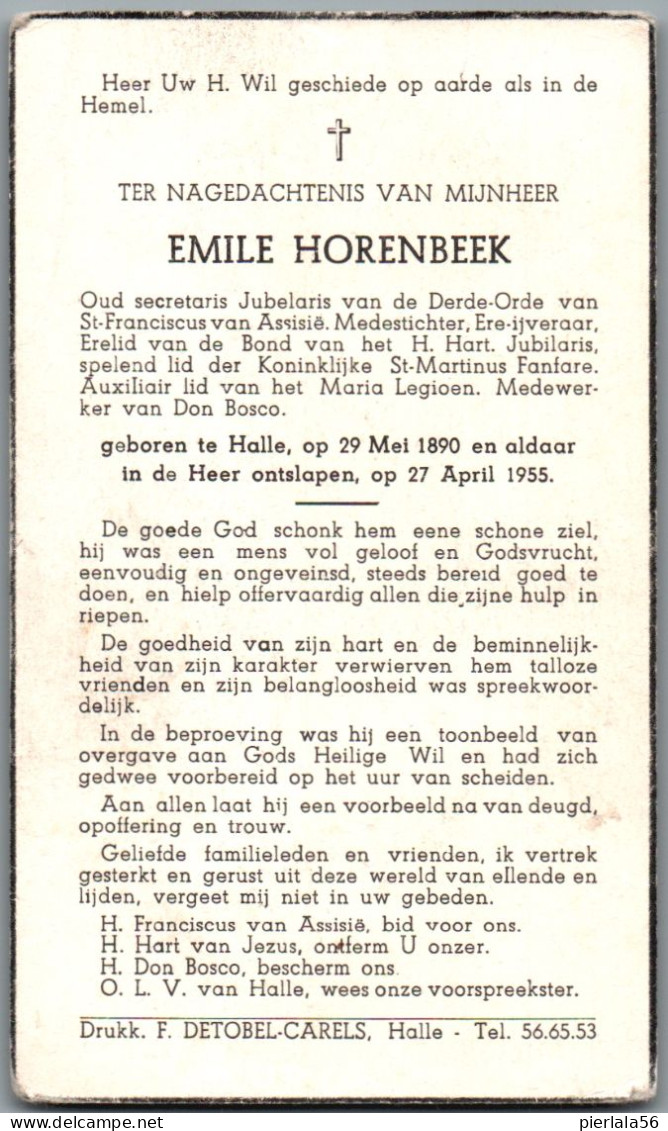 Bidprentje Halle - Horenbeek Emile (1890-1955) - Images Religieuses