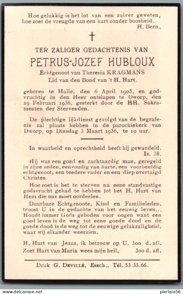 Bidprentje Halle - Hubloux Petrus Jozef (1905-1936) - Devotion Images