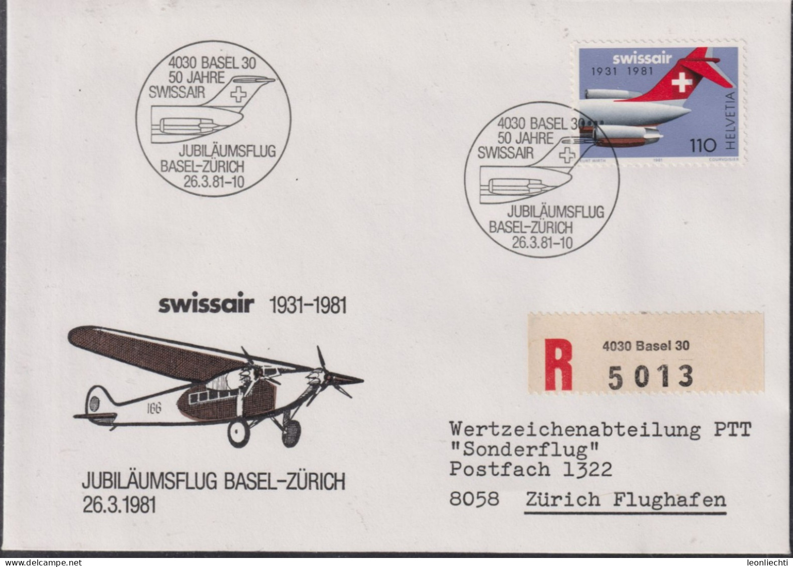 1981 Schweiz R-Brief, Mi:CH 1195, Zum:CH 653, 50 J. Swissair, Jubiläumsflug Basel-Zürich 26.3.1981 - Other (Air)