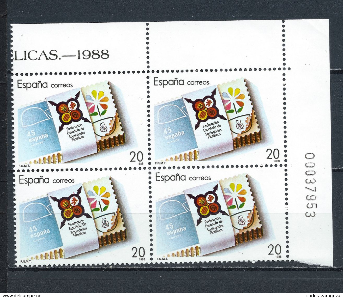 ESPAÑA 1988—SOCIEDADES FILATELICAS ** EDI 2962, YT 2578, Mi 2843, Sg #2976. En Bloque - Unused Stamps