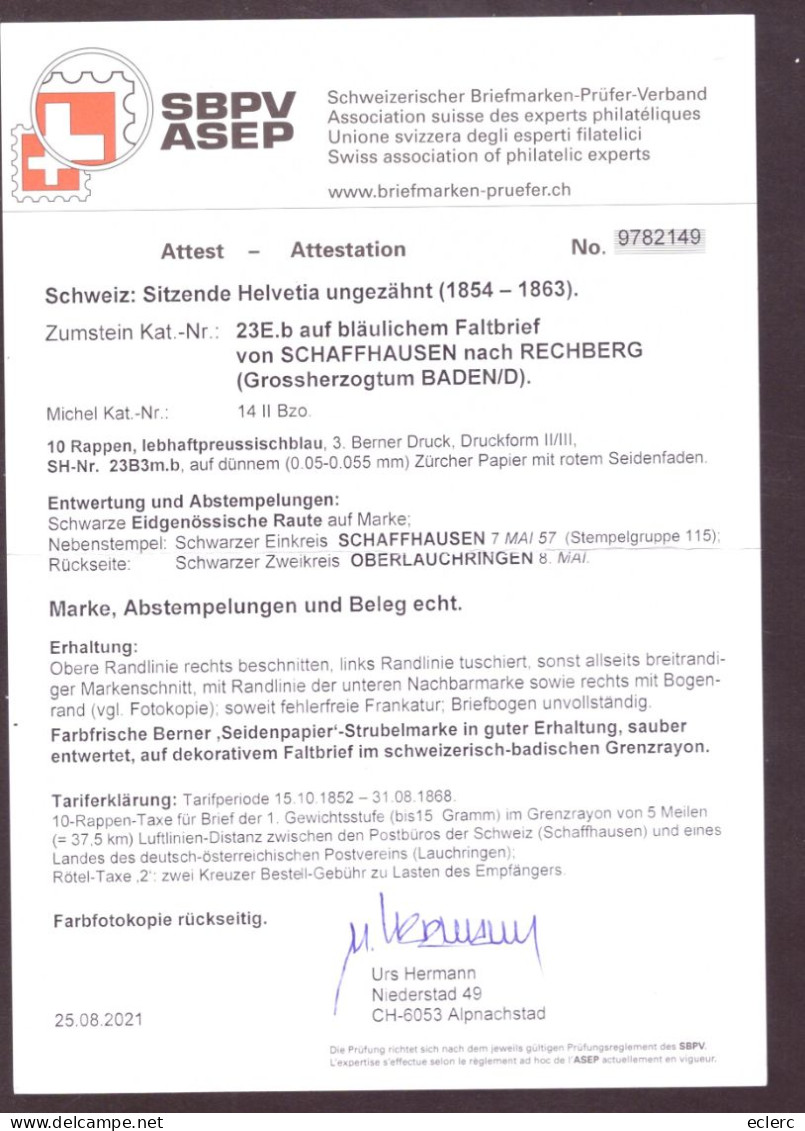 No SBK 23E SUR LETTRE - ATTESTATION URS HERMANN - VOIR LES IMAGES POUR LES DETAILS - COTE: 10000.- - Lettres & Documents