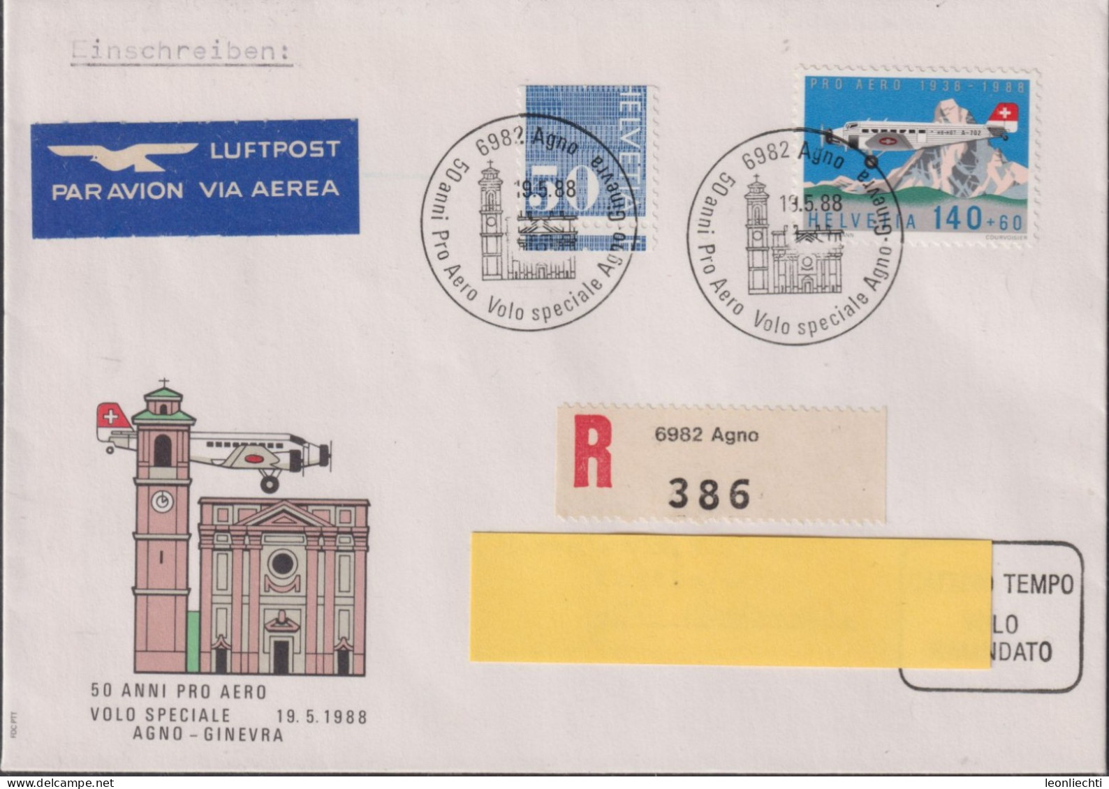 1988 Schweiz R-Brief, Mi:CH 1369+935yR, Zum:CH F49+485RMx,  RM Verschnitten, JU52 - Premiers Vols