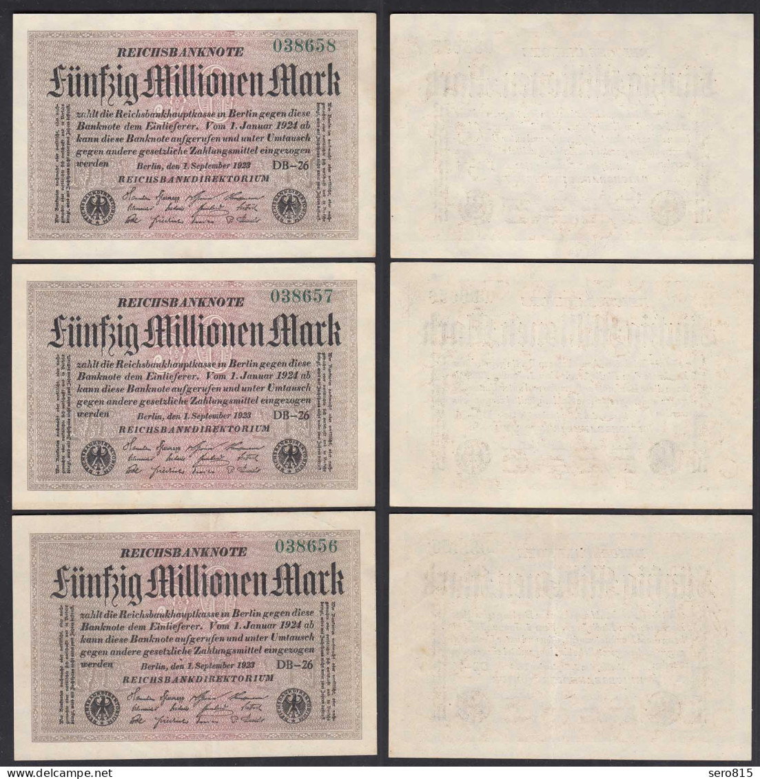 50 Million Mark Infla 1923 FZ: DB BZ:26 3er Set Laufende Nummer Ro 108h XF (2) - Otros & Sin Clasificación