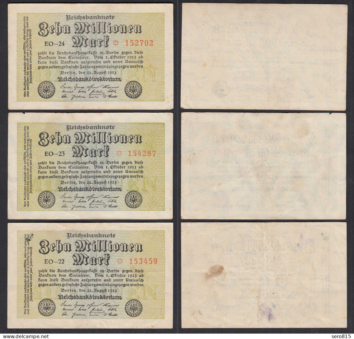 10 Millionen Mark 1923 Ro 105a 3 Stück FZ: EO BZ: 22,23,24 Starnoten    (27361 - Altri & Non Classificati