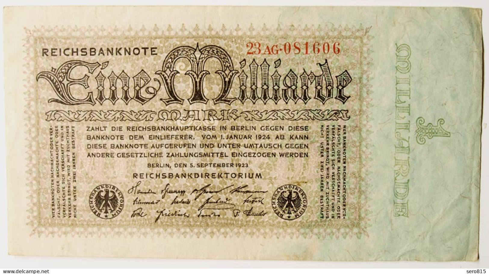 1 Milliarde Mark 1923 Ro 111b Pick 114 VF (3) FZ: AC BZ: 25     (cb241 - Andere & Zonder Classificatie