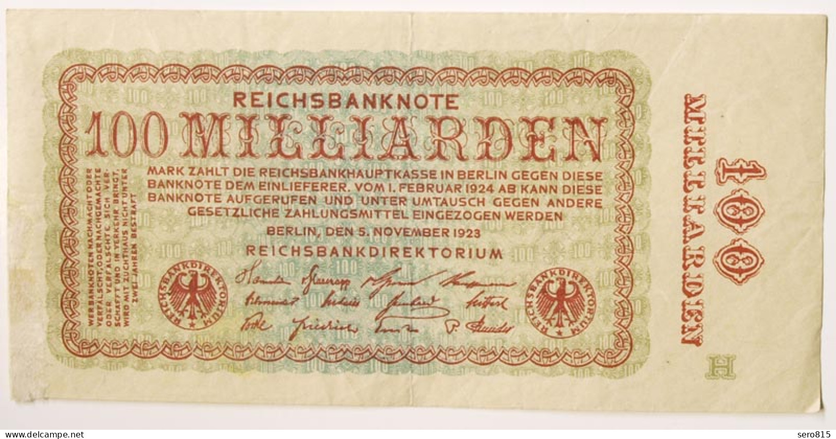 100-Milliarden Mark 1923 Ro 130b Pick 133 F (4) FZ: H   (cb248 - Sonstige & Ohne Zuordnung