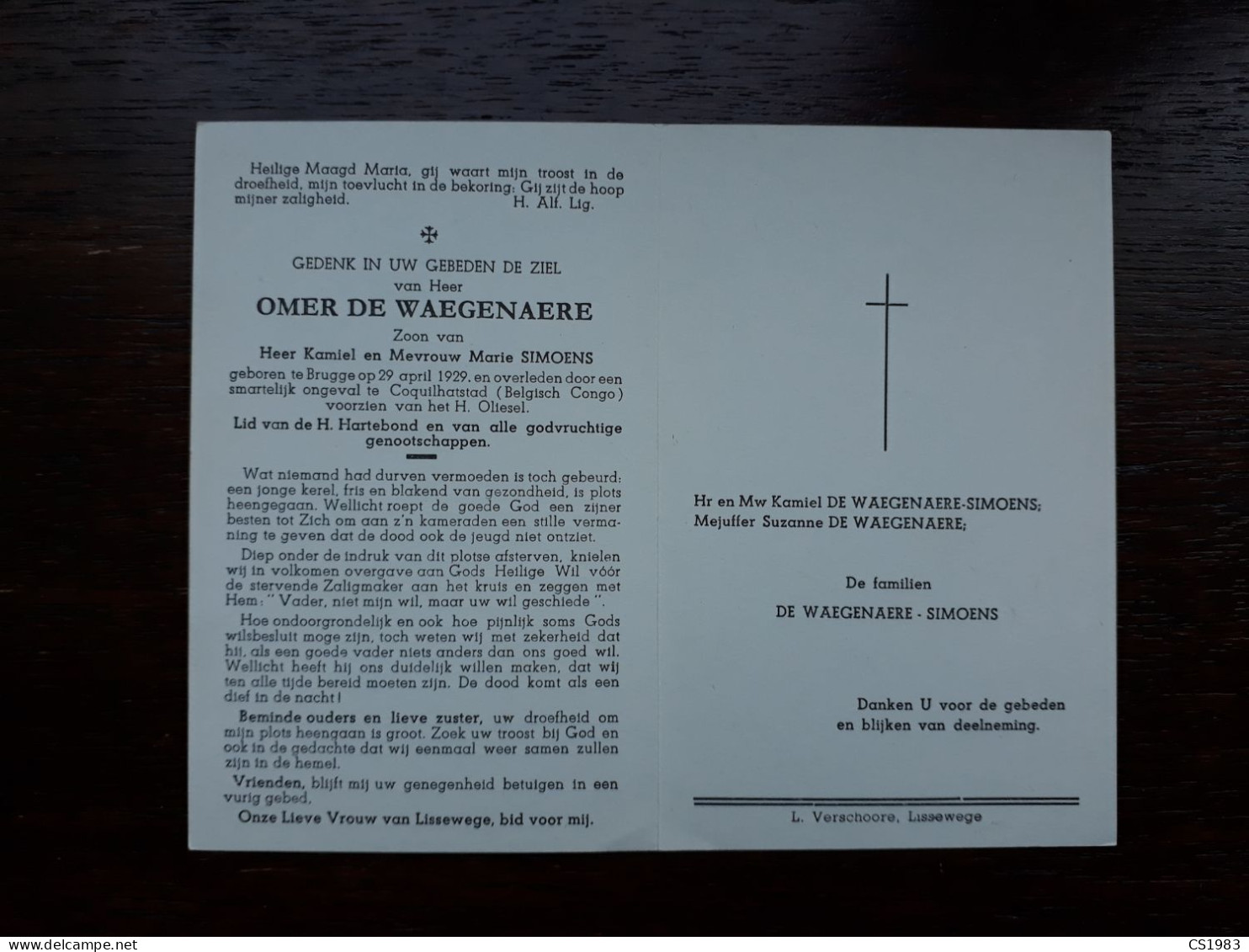 Omer De Waegenaere ° Brugge 1929 + Coquilhatstad (Belgisch Congo) (Fam: Simoens) - Décès