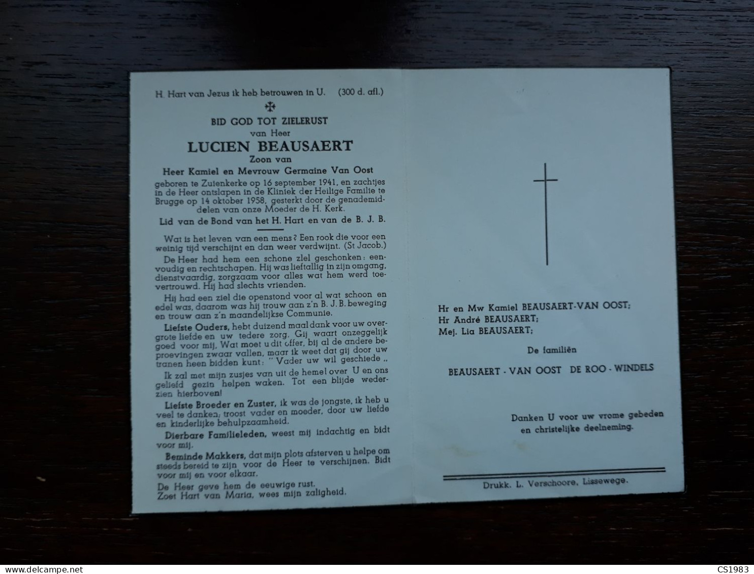 Lucien Beausaert ° Zuienkerke 1941 + Brugge 1958 (Fam: Van Oost - De Roo - Windels) - Obituary Notices
