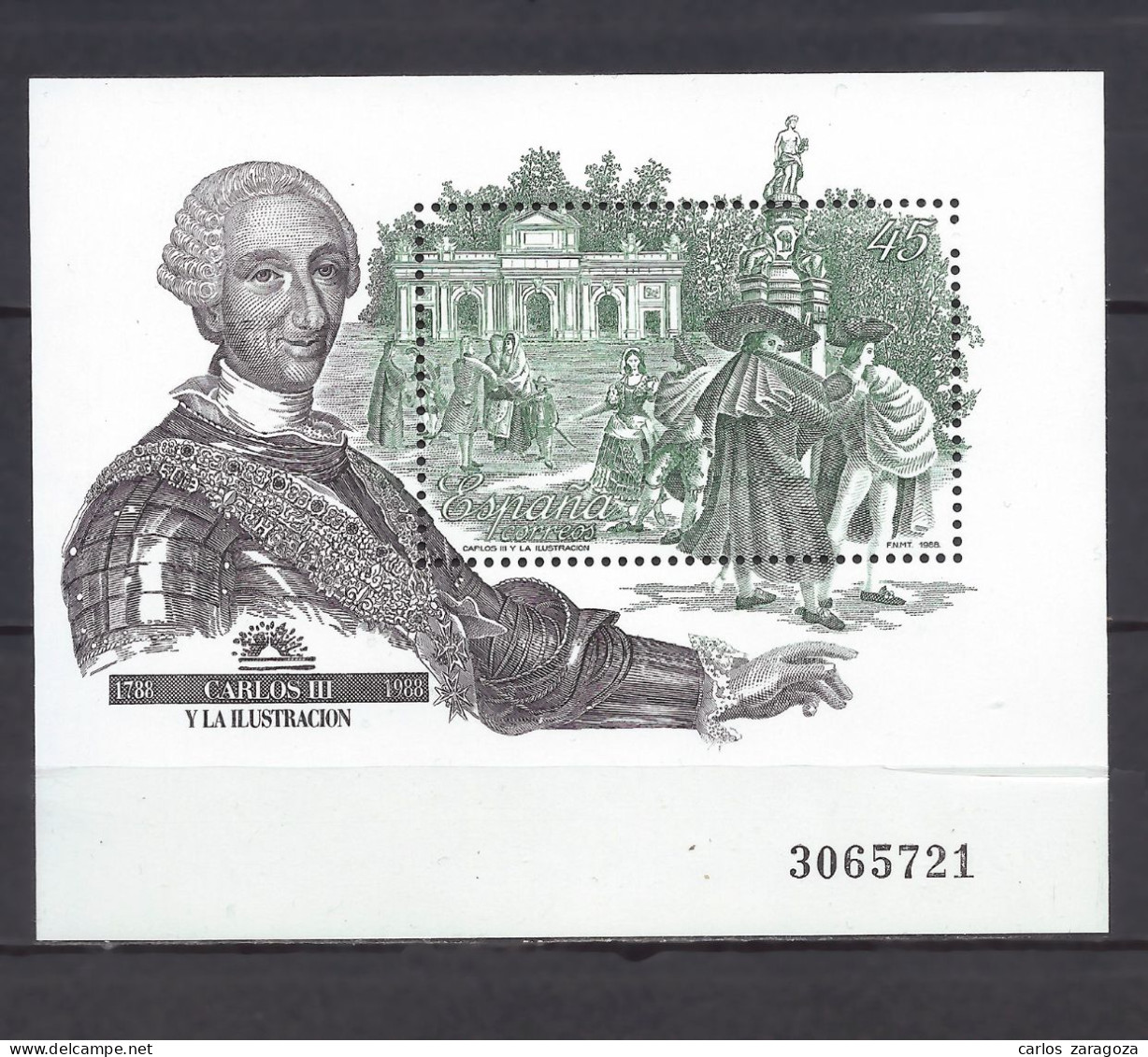 ESPAÑA 1988 — Hoja Bloque REY CARLOS III ** EDI 2984, Yt BF39, Mi BL33, Sc 2588 - Blocks & Sheetlets & Panes