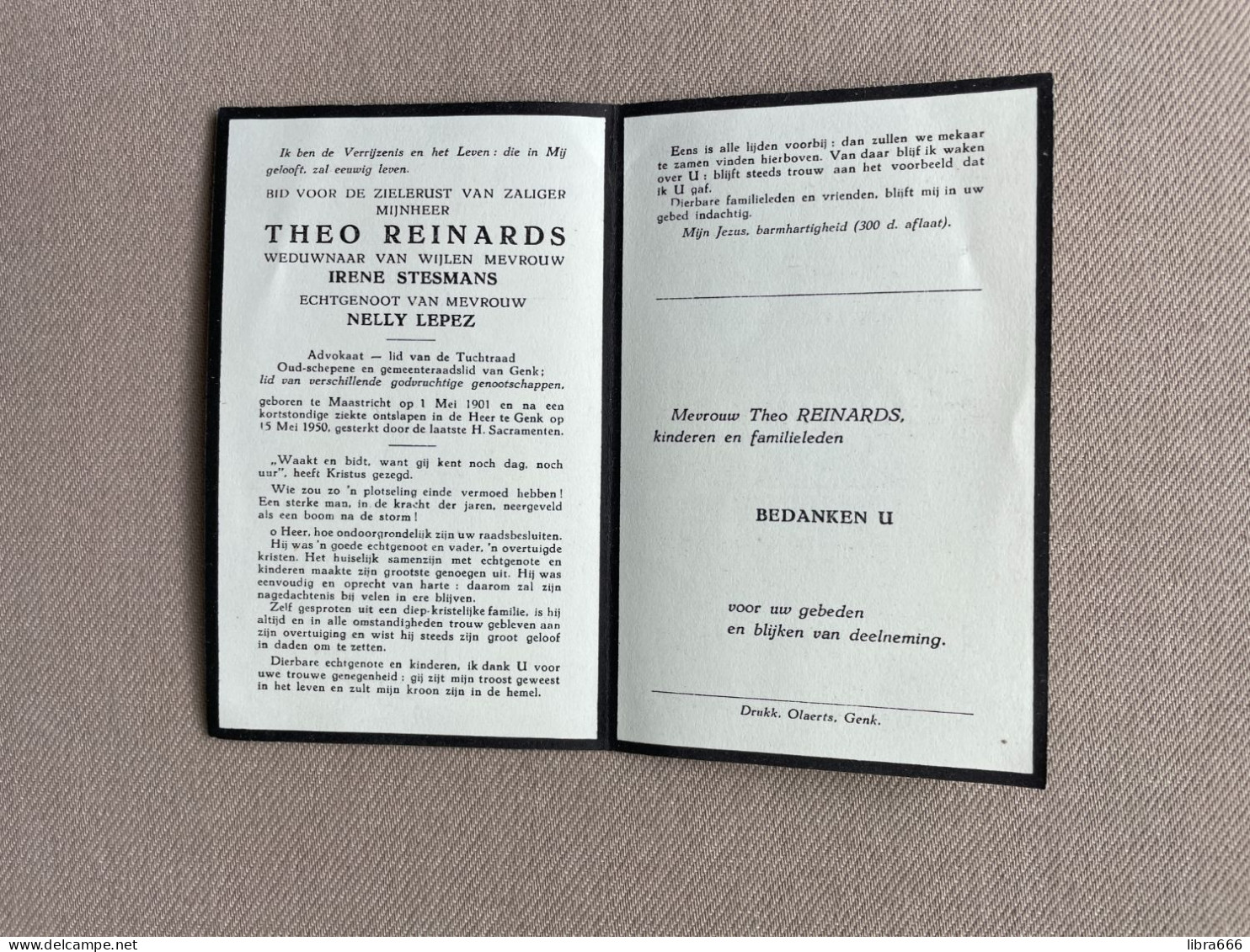 REINARDS Theo °MAASTRICHT 1901 +GENK 1950 - STESMANS - LEPEZ - Advokaat - Lid Van De Tuchtraad - Oud-schepen - Overlijden