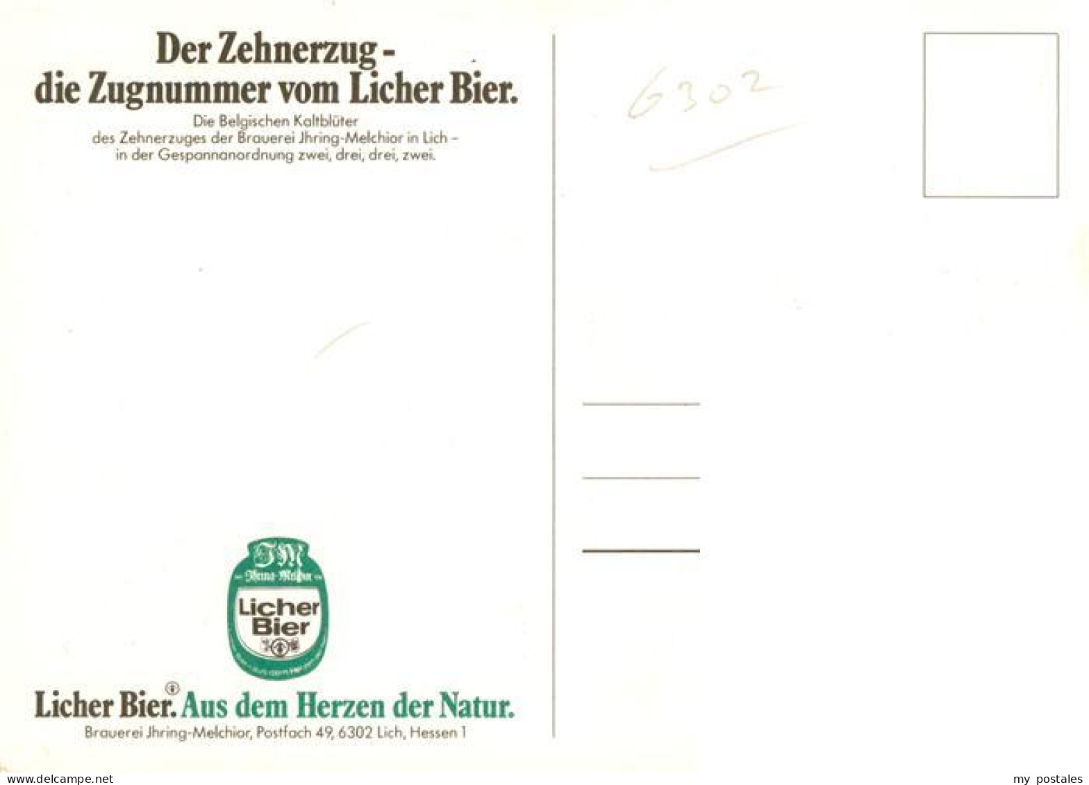 73895404 Lich Hessen Zehnerzug Brauerei Ihring-Melchior Licher Bier Belgische Ka - Lich