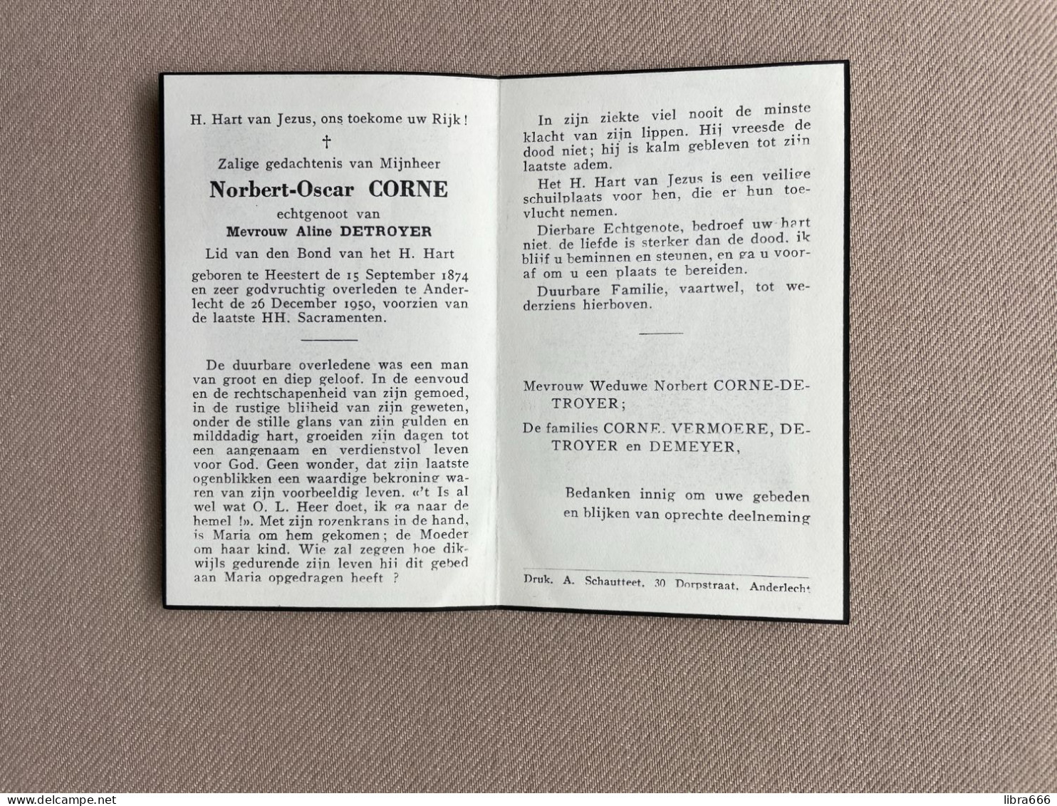 CORNE Norbert Oscar °HEESTERT 1874 +ANDERLECHT 1950 - DETROYER - VERMOERE - DEMEYER - Obituary Notices