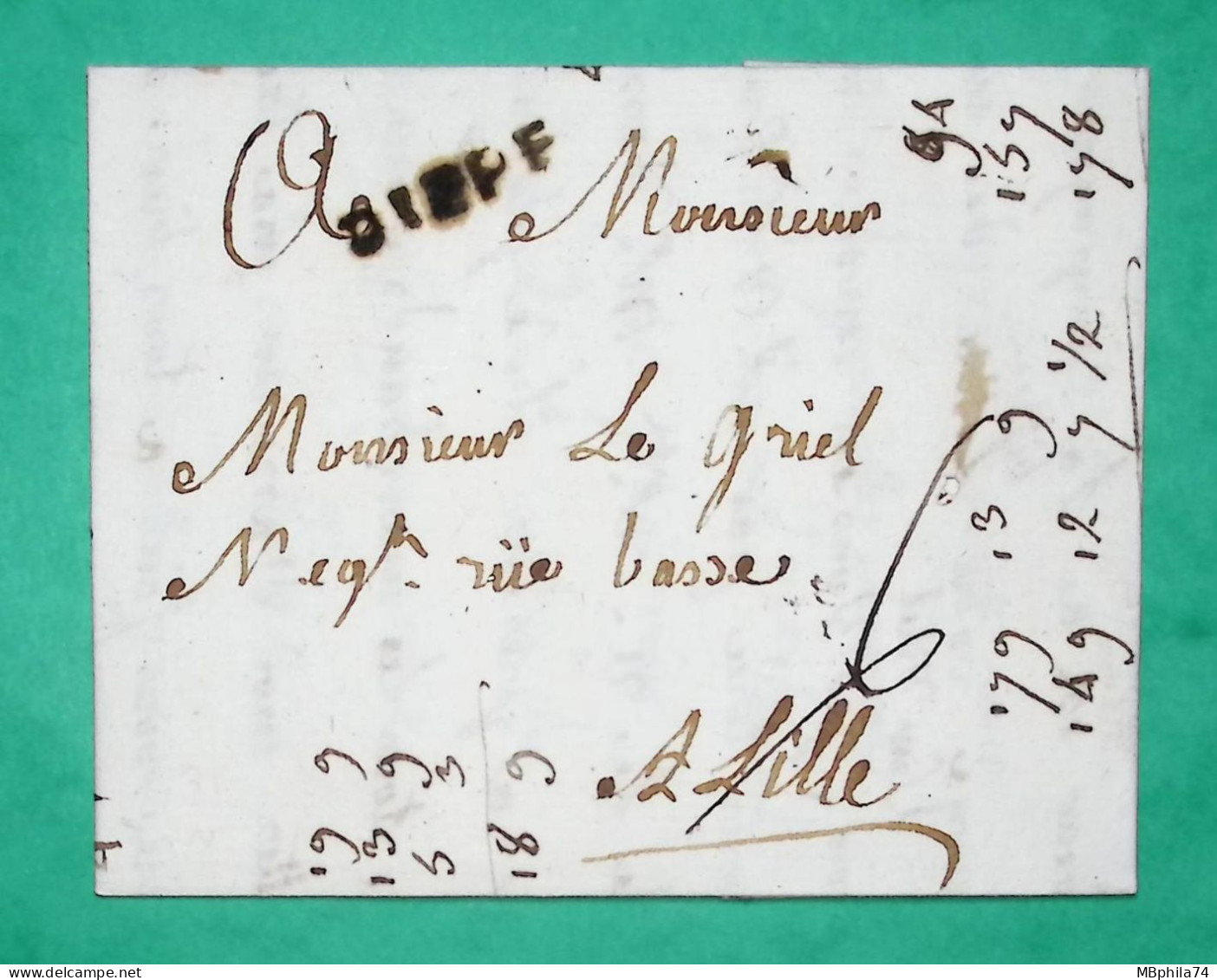 MARQUE DIEPE DIEPPE SEINE INFERIEURE POUR LILLE NORD LN N°3 1771 LETTRE COVER FRANCE - 1701-1800: Vorläufer XVIII