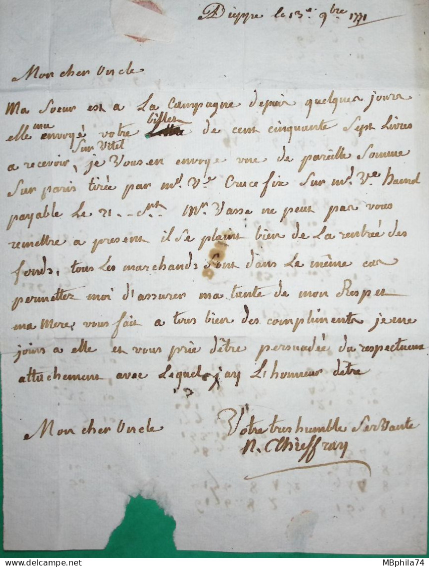 MARQUE DIEPE DIEPPE SEINE INFERIEURE POUR LILLE NORD LN N°3 1771 LETTRE COVER FRANCE - 1701-1800: Précurseurs XVIII