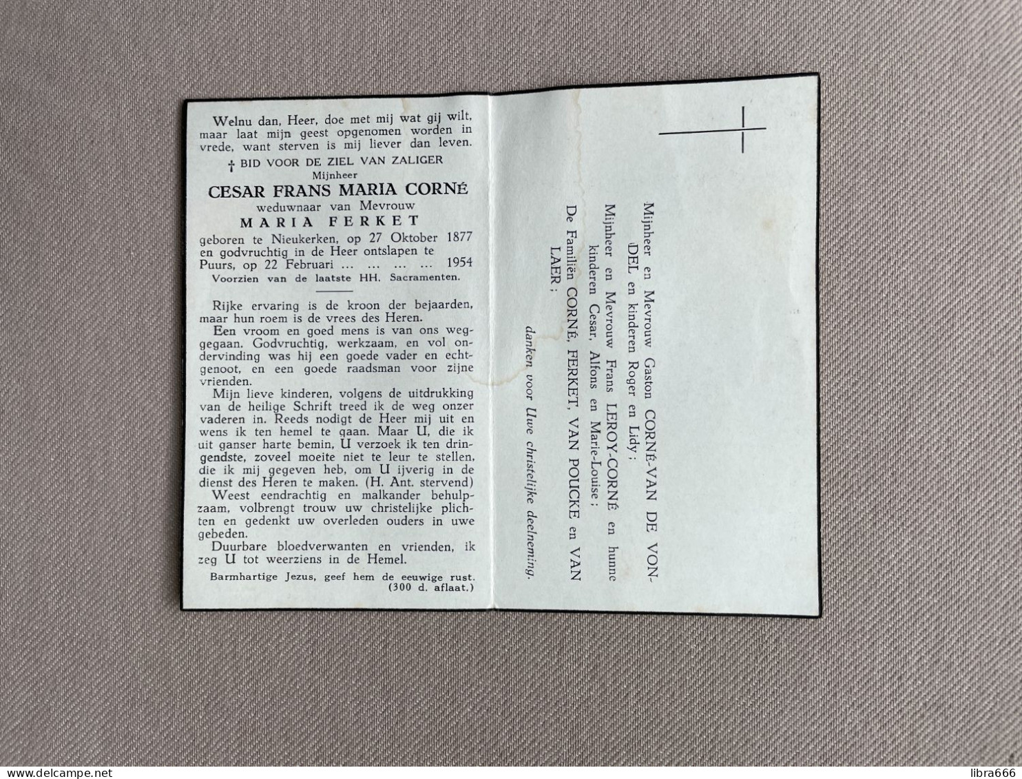 CORNÉ Cesar Frans Maria °NIEUWKERKEN 1877 +PUURS 1954 - FERKET - VAN POUCKE - VAN LAER - VAN DE VONDEL - LEROY - Obituary Notices