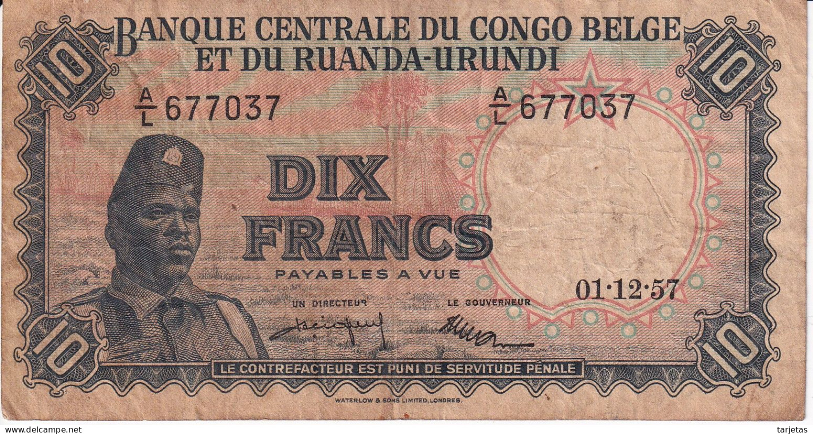 BILLETE DE EL CONGO BELGA DE 10 FRANCS DEL AÑO 1957 (BANKNOTE) - République Démocratique Du Congo & Zaïre