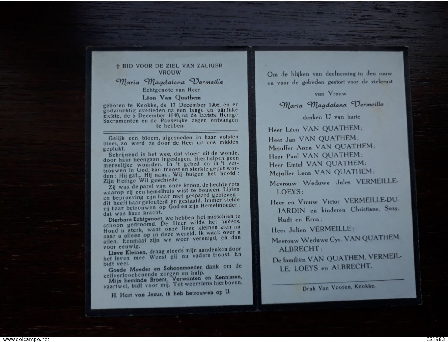 Maria Magdalena Vermeille ° Knokke 1908 + Knokke 1949 X Léon Van Quathem (Fam: Loeys - Albrecht - Dujardin) - Obituary Notices