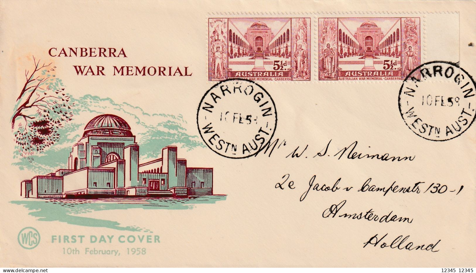 Australië 1958, FDC Sent To Netherland, War Memorial, Canberra - Omslagen Van Eerste Dagen (FDC)