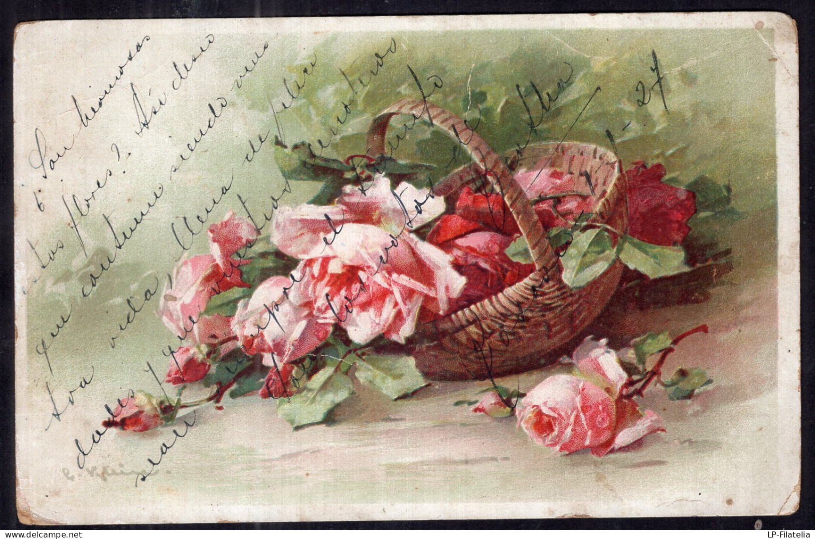 Postcard - 1927 - Flowers - Painting - Basket With Roses - Blumen