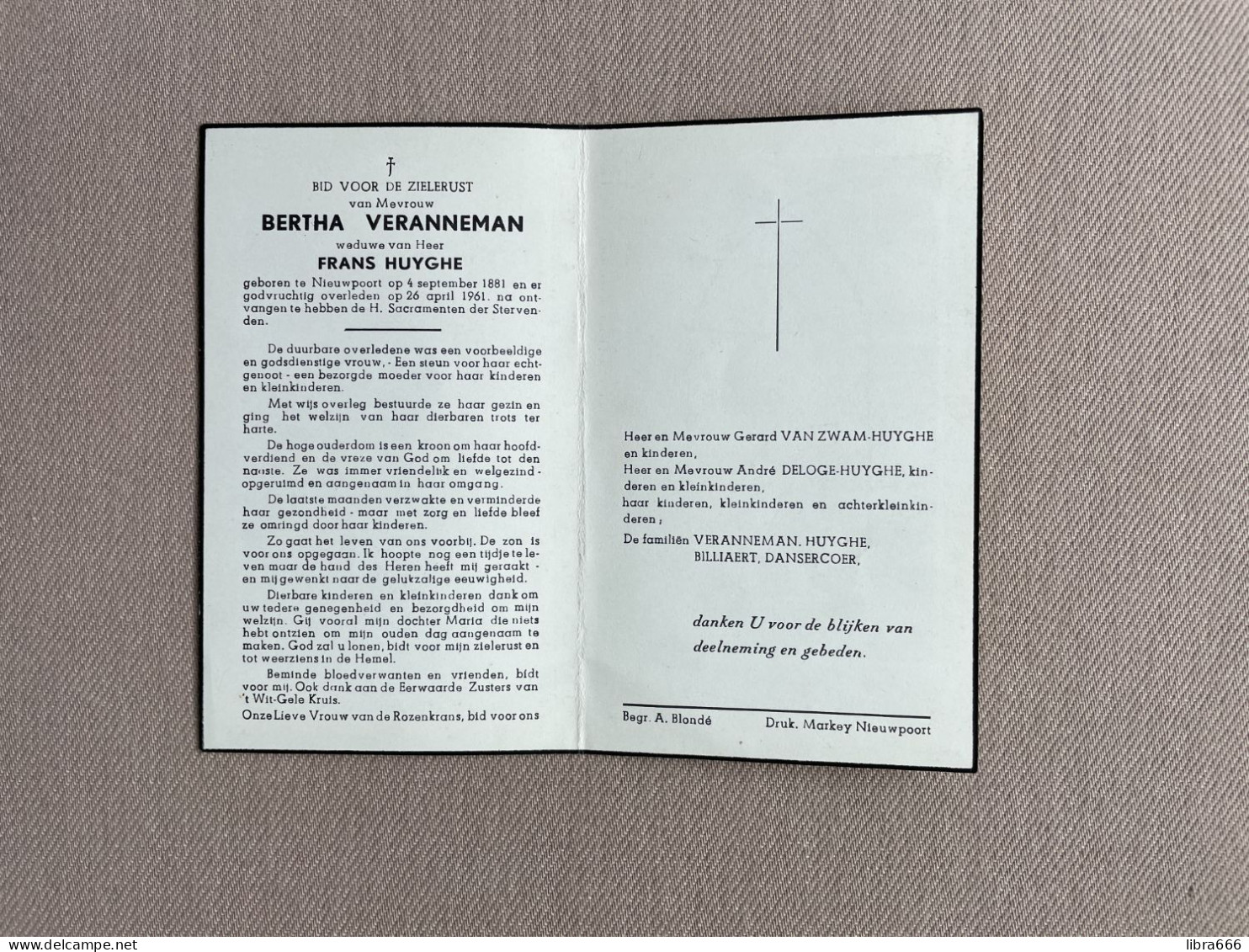 VERANNEMAN Bertha °NIEUWPOORT 1881 +NIEUWPOORT 1961 - HUYGHE - BILLIAERT - DANSERCOER - VAN ZWAM - DELOGE - Obituary Notices