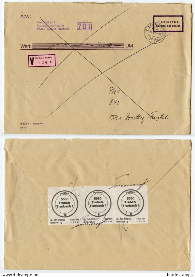 Germany 1992 Insured V-Label Postsache Cover; Traben-Trarbach To Bruttig-Fankel; Postamt (Post Office) Labels - Brieven En Documenten