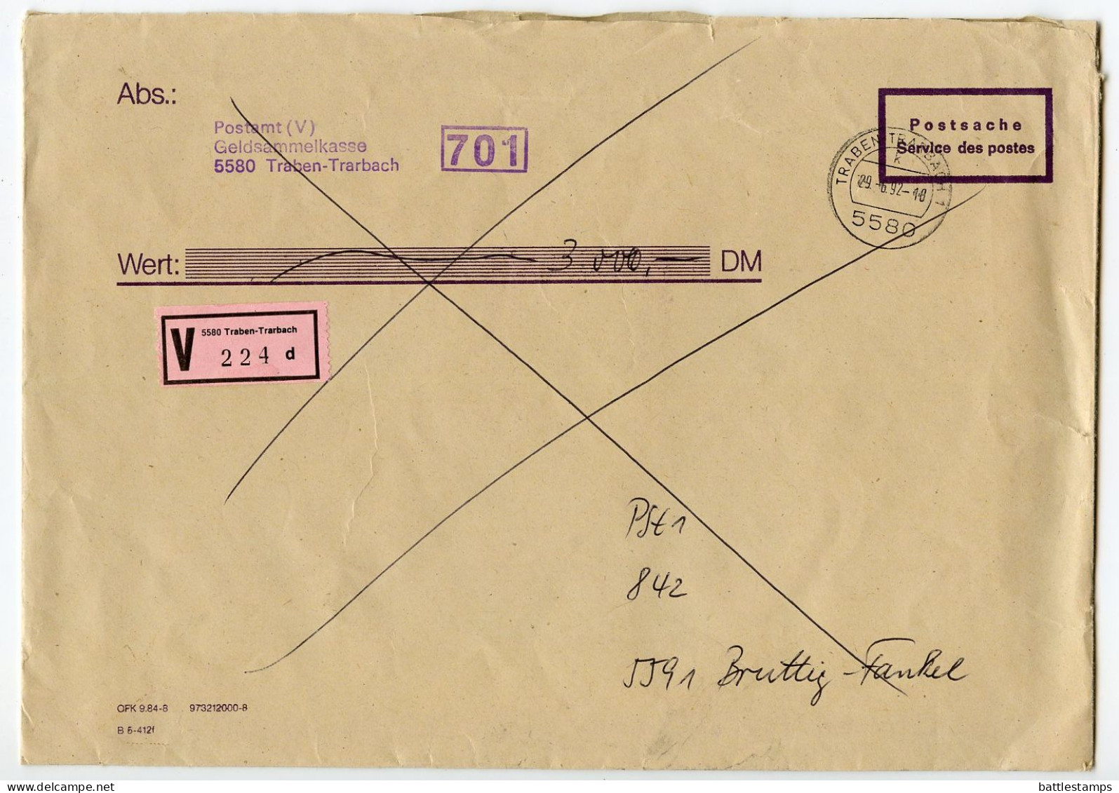 Germany 1992 Insured V-Label Postsache Cover; Traben-Trarbach To Bruttig-Fankel; Postamt (Post Office) Labels - Lettres & Documents