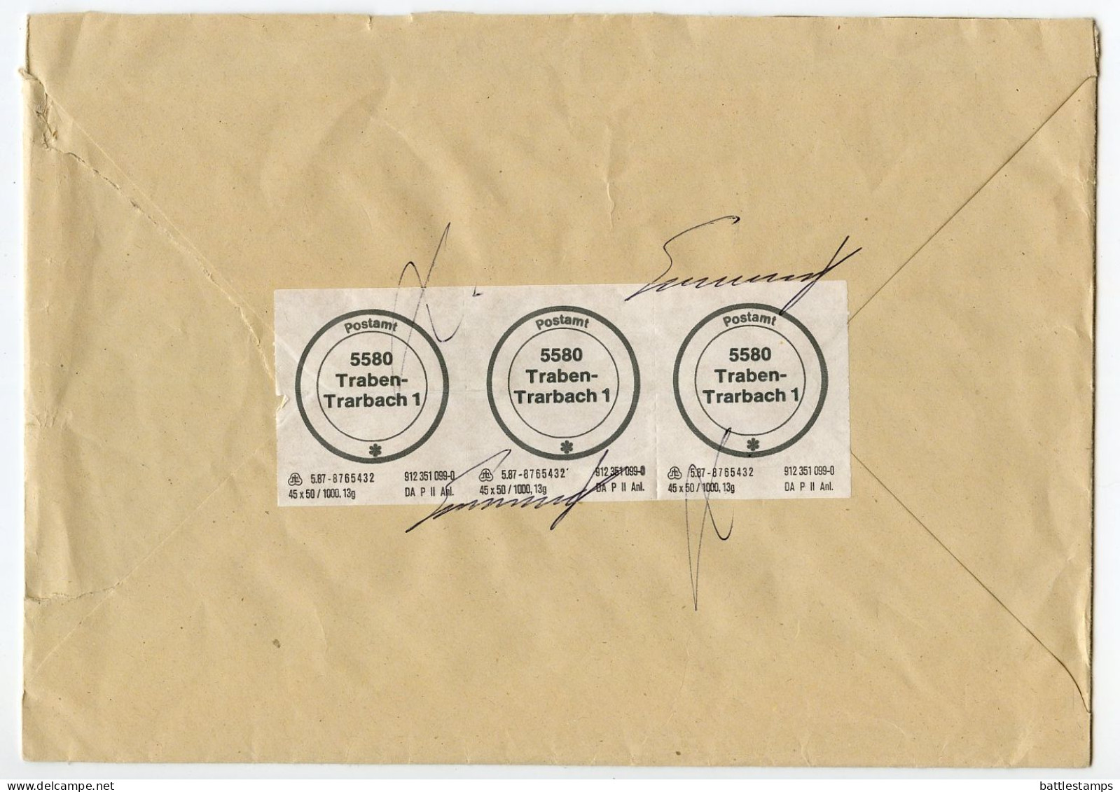 Germany 1992 Insured V-Label Postsache Cover; Traben-Trarbach To Bruttig-Fankel; Postamt (Post Office) Labels - Briefe U. Dokumente