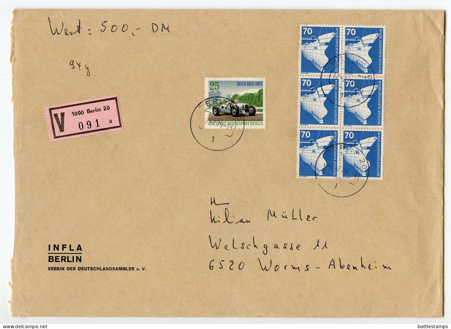 Germany, Berlin 1979 Insured V-Label Cover; Berlin To Worms-Abenheim; Mix Of Stamps - Briefe U. Dokumente