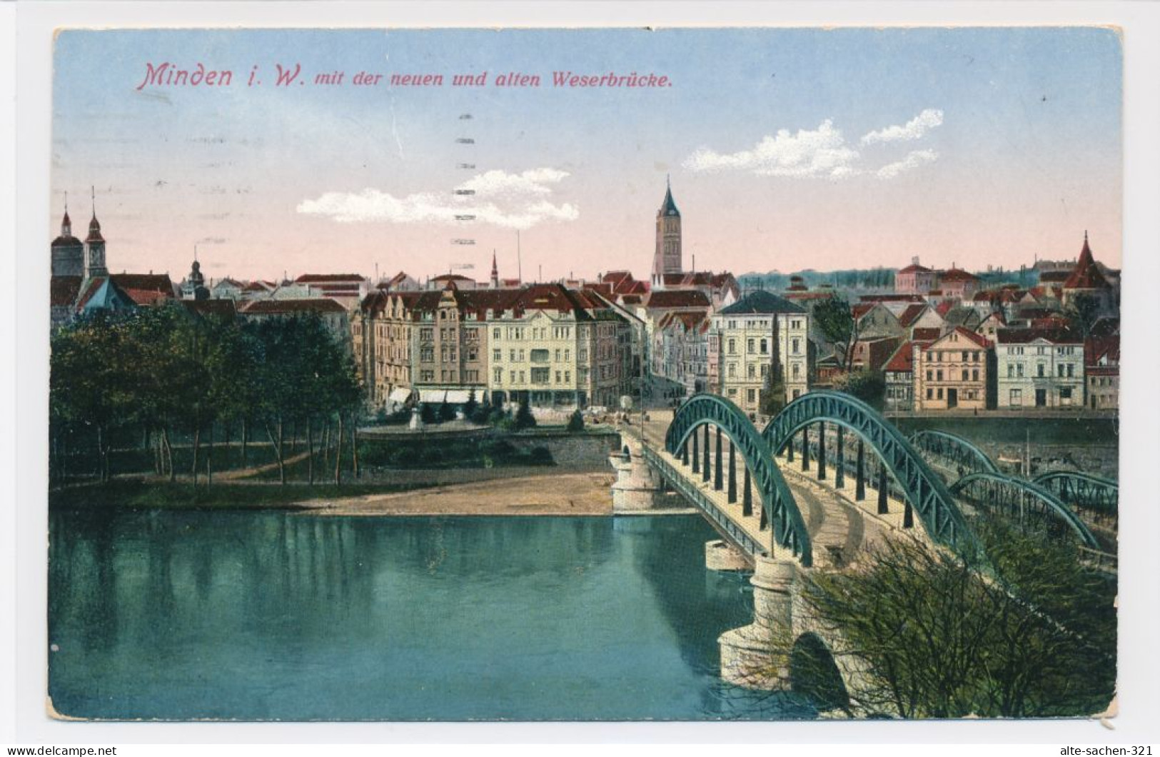 AK 1915 Minden Panorama über Alte Und Neue Weserbrücke - Minden