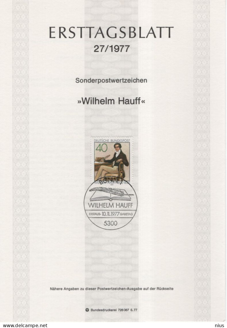 Germany Deutschland 1977-27 150. Todestag Wilhelm Hauff, Schriftsteller Writer Author, Canceled In Bonn - 1974-1980