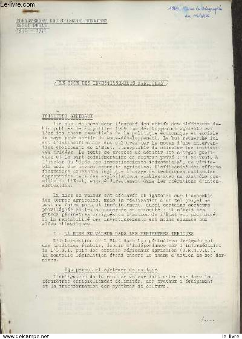 Département Des Sciences Humaines Droit Rural 1970-1971 - Tableau Synoptique De 4 Projets De Reforme Agraire Au Maroc + - Geographie