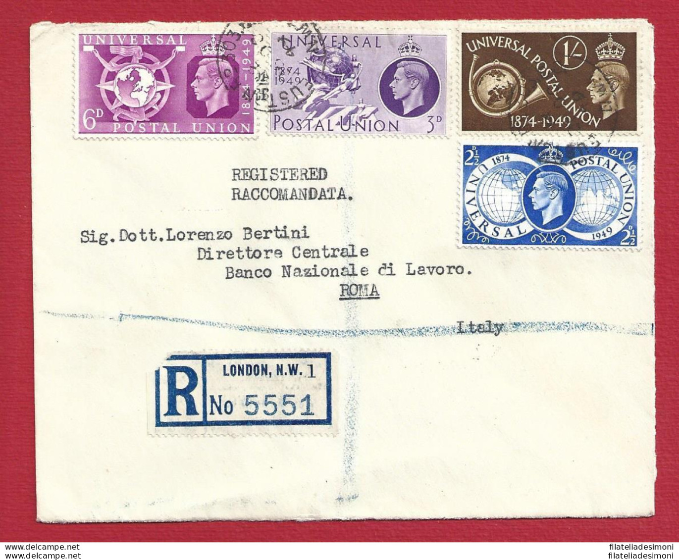 1949 GRAN BRETAGNA, N. 246/249 UPU La Serie Completa Su Lettera Per Roma - Autres & Non Classés
