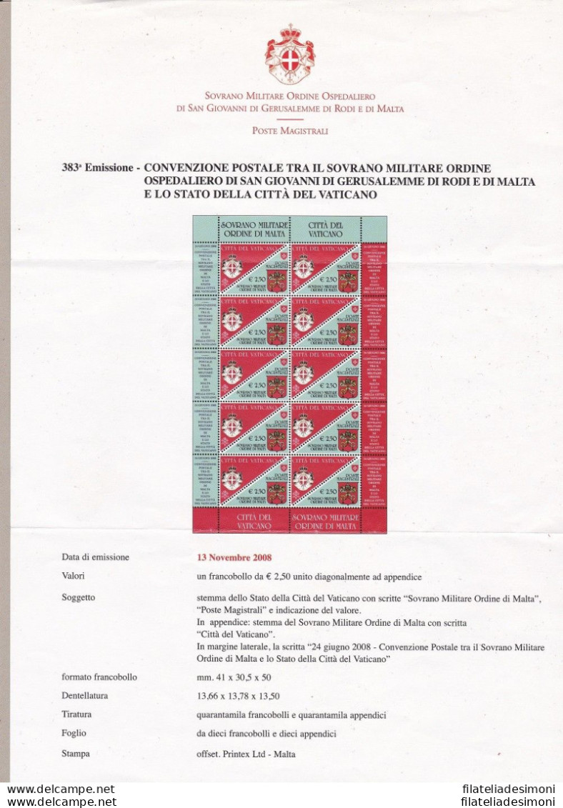 2008 SMOM - N° 927 Minifoglio Di 10 MNH/** - Malta (Orde Van)