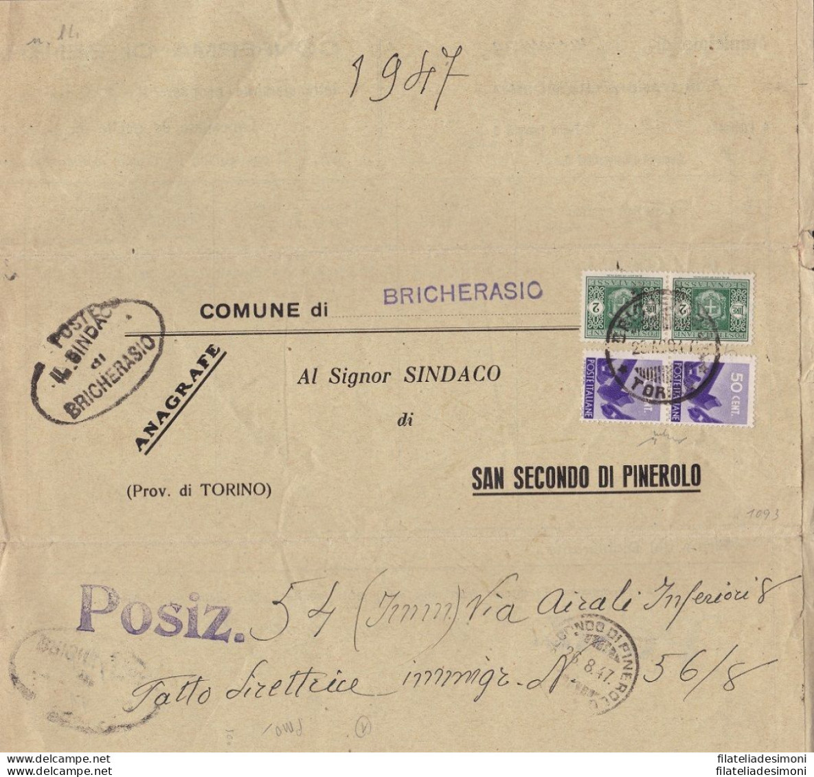 1947  Manoscritto Con Il Segnatasse Da Lire 2 In Coppia+ Valori Democratica - Interi Postali