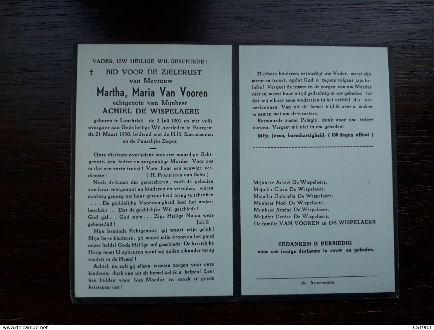 Martha Maria Van Vooren ° Loochristi 1901 + Evergem 1950 X Achiel De Wispelaere - Obituary Notices