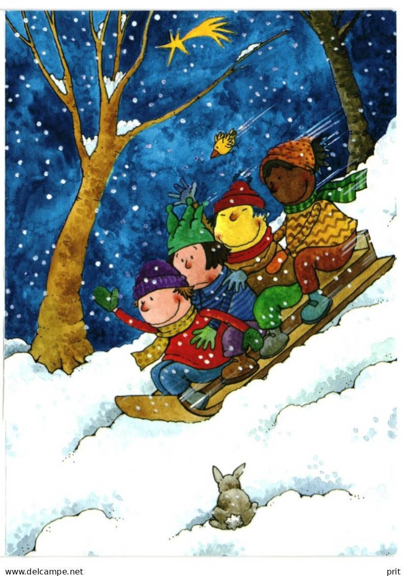 Sledging Children, Winter Snow. Unused Humorous Two-side Postcard. Publisher UNICEF Denmark 2001 - Gruppen Von Kindern Und Familien