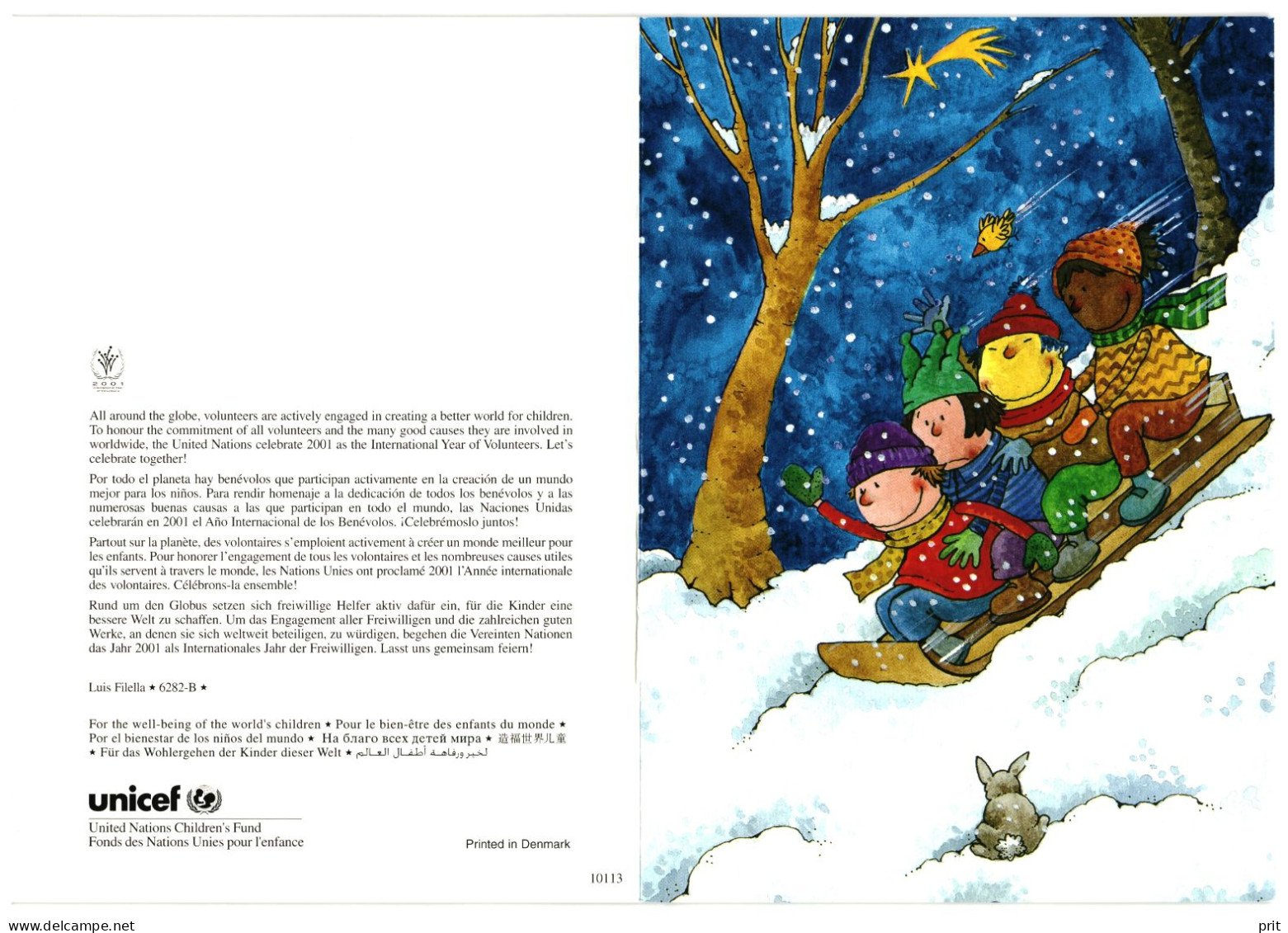 Sledging Children, Winter Snow. Unused Humorous Two-side Postcard. Publisher UNICEF Denmark 2001 - Groepen Kinderen En Familie
