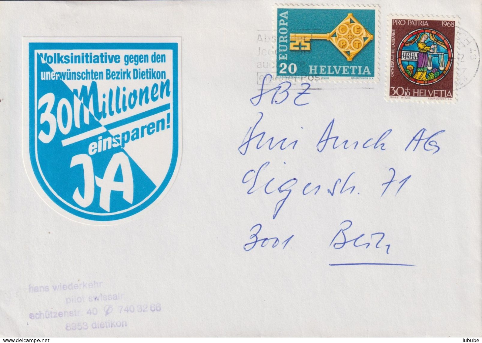 Brief  Zürich Altstetten - Bern (Vignette "Volksinitiative Gegen Bezirk Dietikon")      1988 - Storia Postale